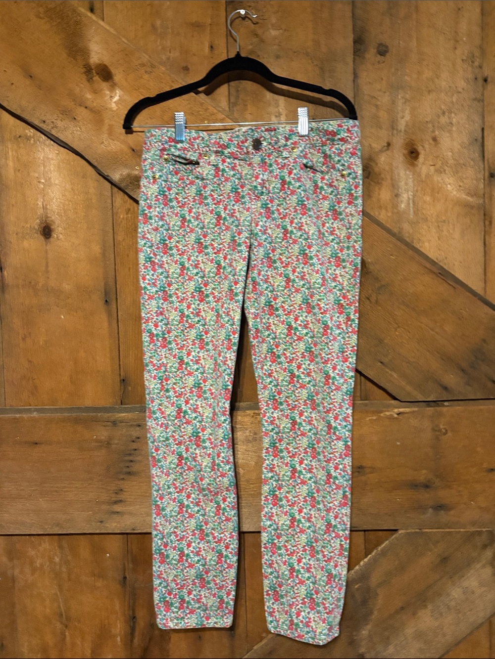 J. Crew Skinny Jeans with Red & Green Floral Print